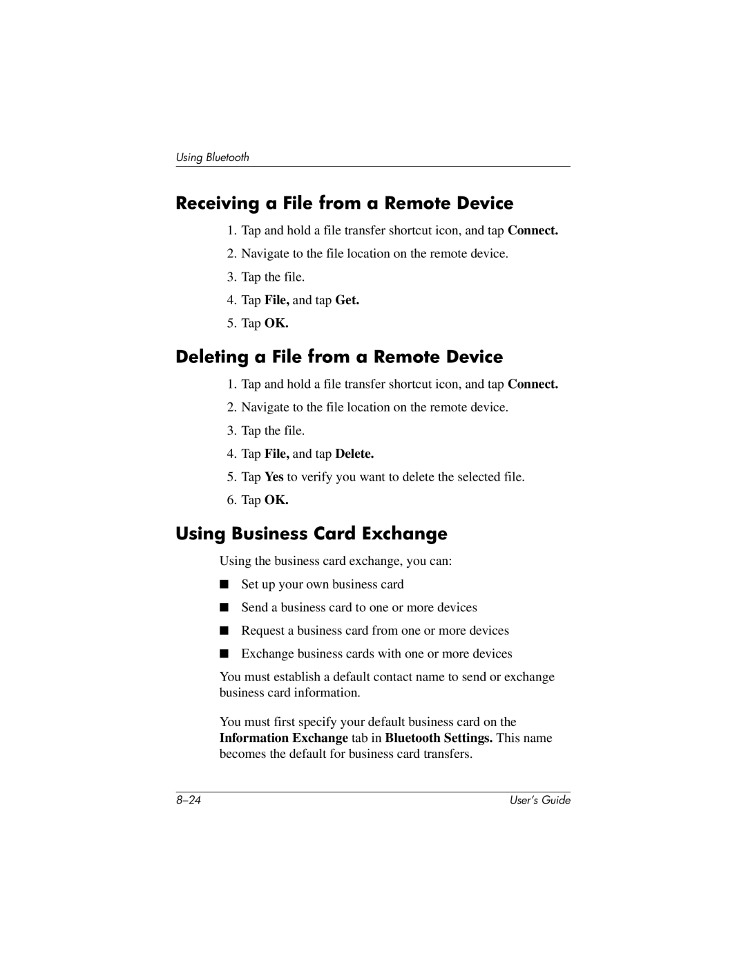 HP h1937, h1945 Receiving a File from a Remote Device, Deleting a File from a Remote Device, Using Business Card Exchange 