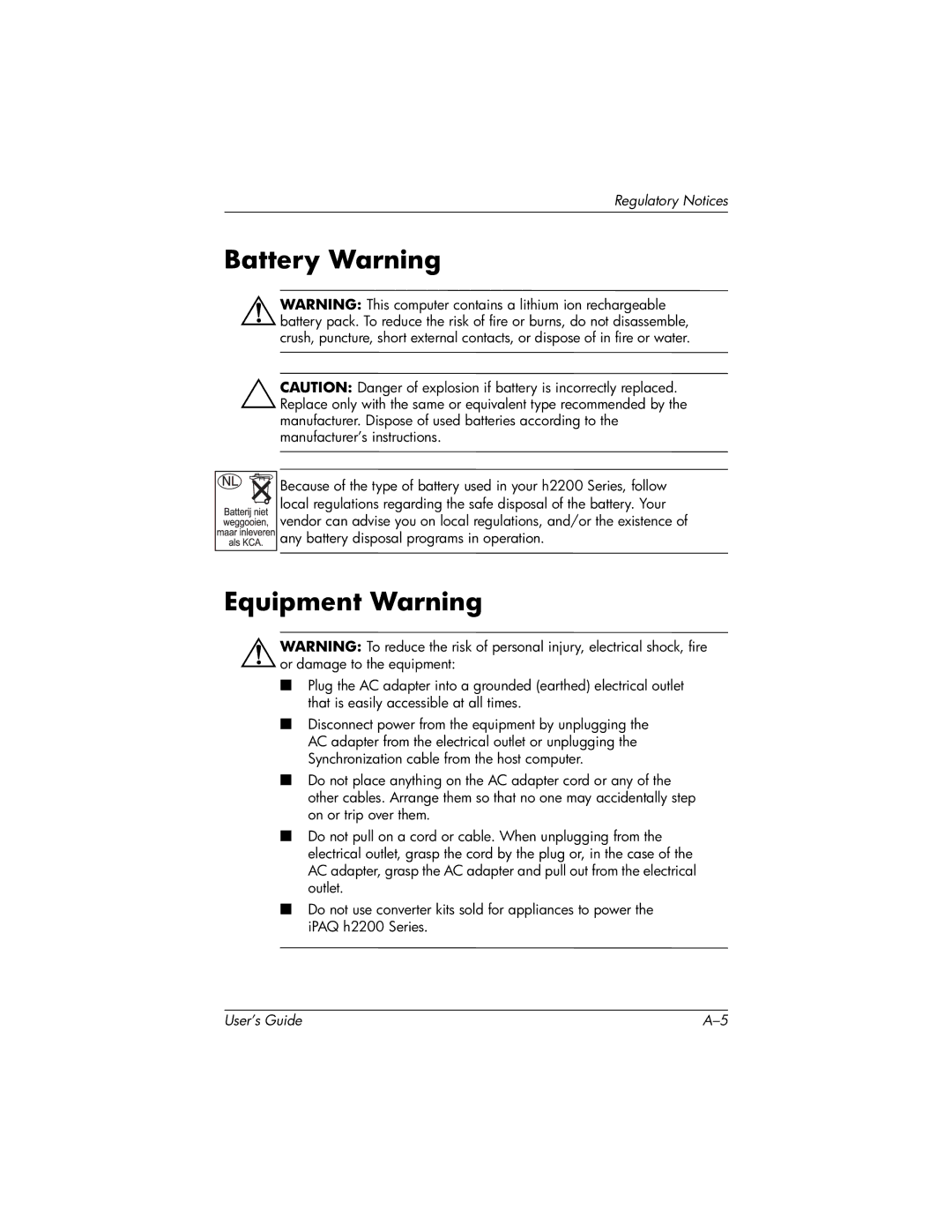 HP H2200 manual Battery Warning, Equipment Warning 