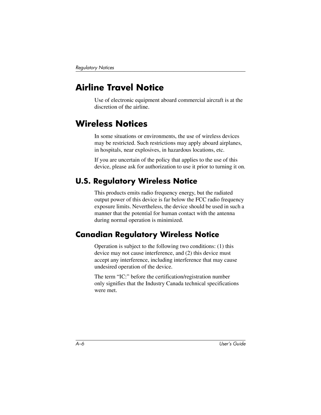 HP H2200 manual Airline Travel Notice, Wireless Notices, Canadian Regulatory Wireless Notice 