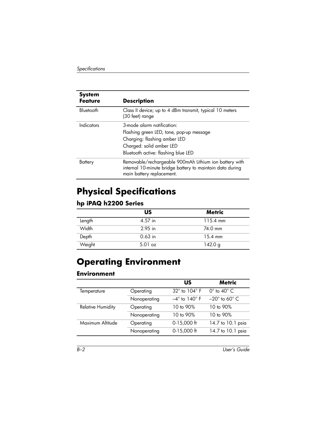 HP H2200 manual Physical Specifications, Operating Environment 