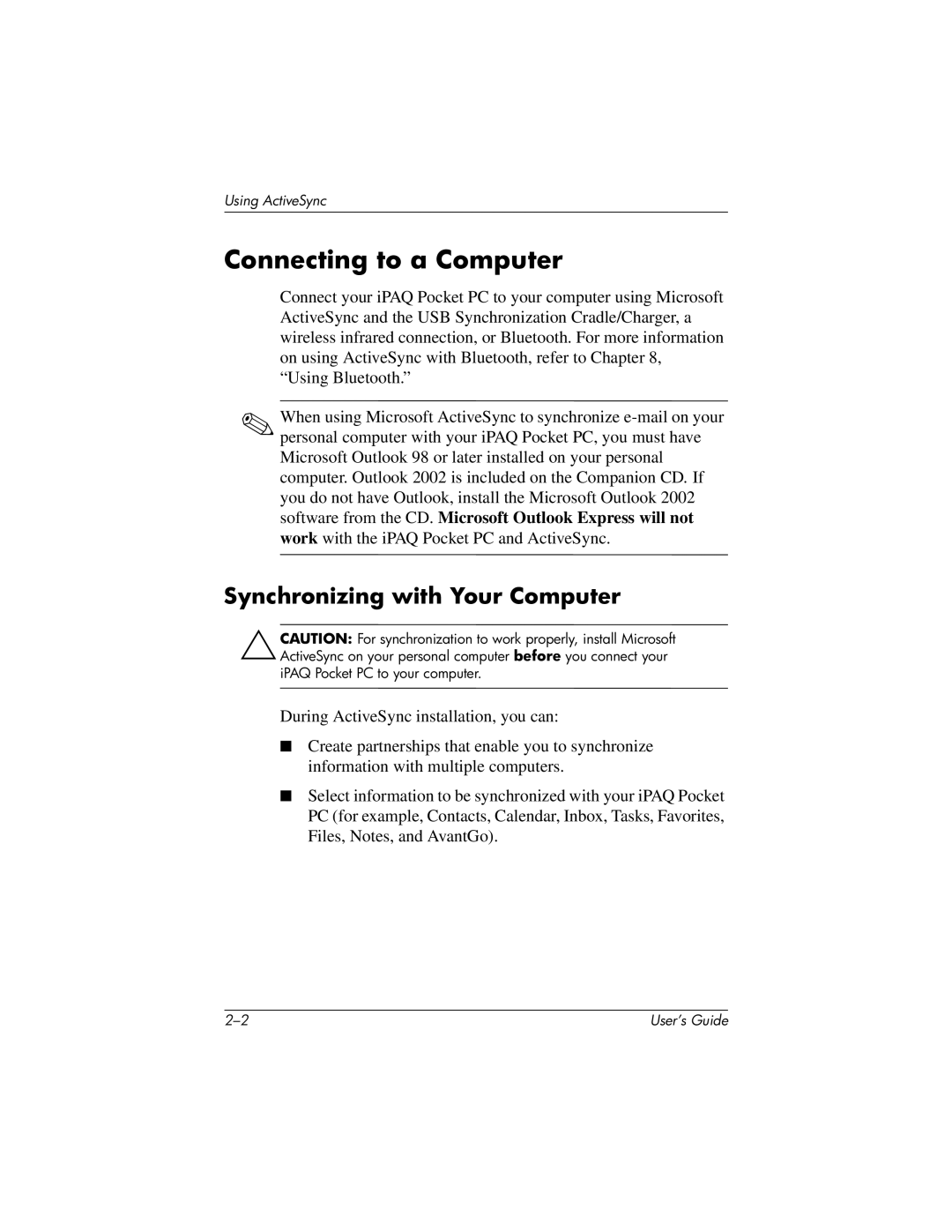 HP H2200 manual Connecting to a Computer, Synchronizing with Your Computer 