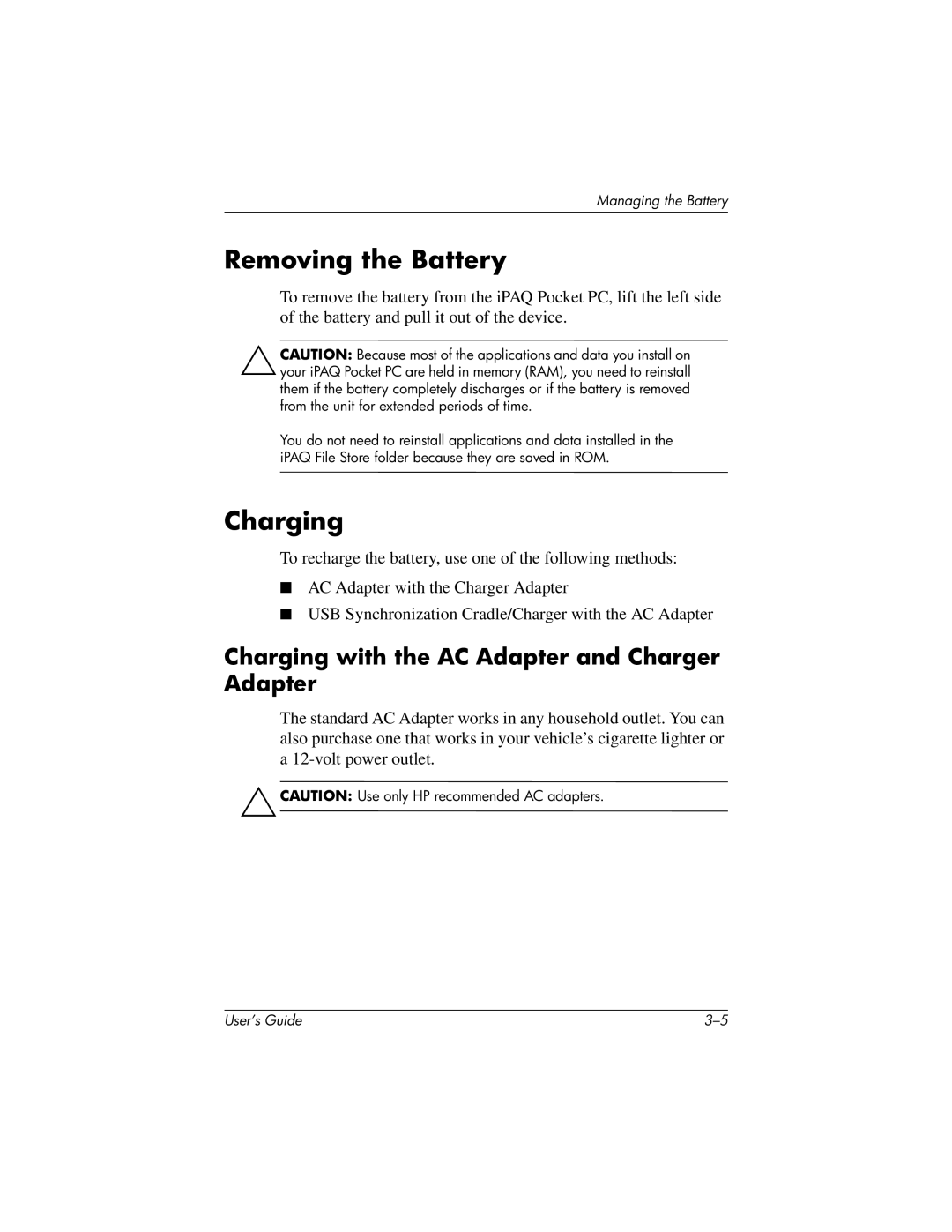 HP H2200 manual Removing the Battery, Charging with the AC Adapter and Charger Adapter 