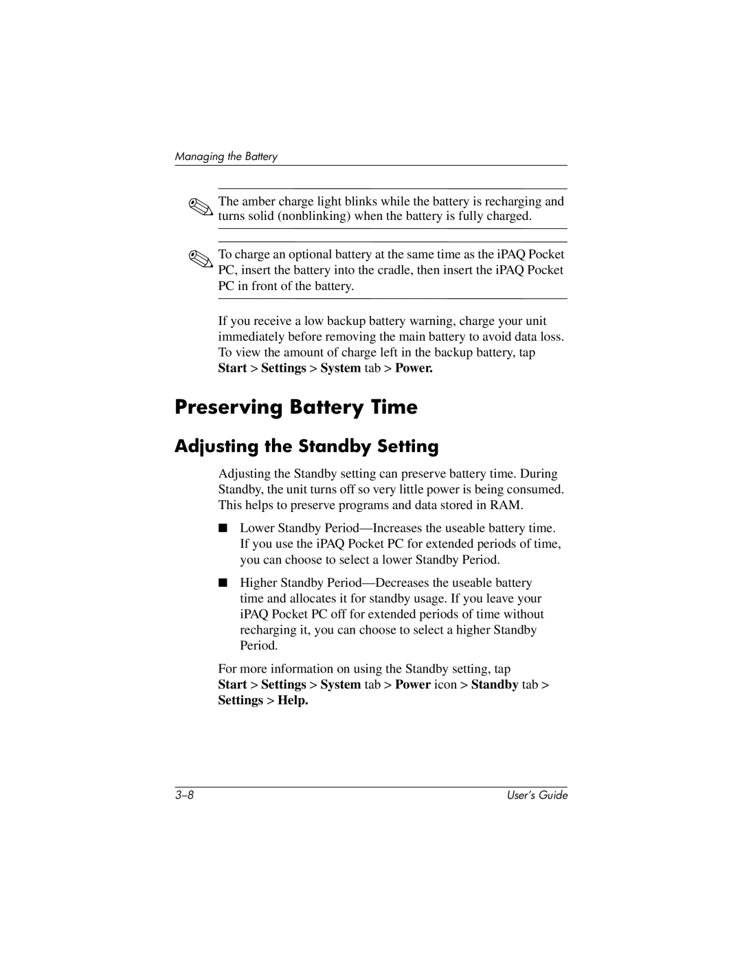 HP H2200 manual Preserving Battery Time, Adjusting the Standby Setting 