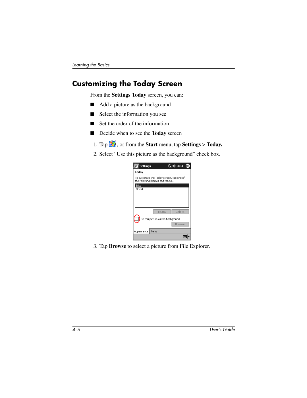 HP H2200 manual Customizing the Today Screen 