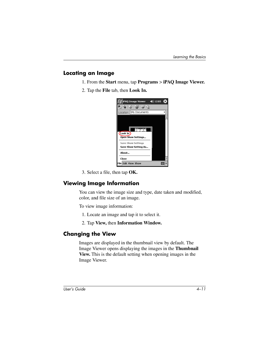 HP H2200 manual Locating an Image, Viewing Image Information, Changing the View, Tap View, then Information Window 