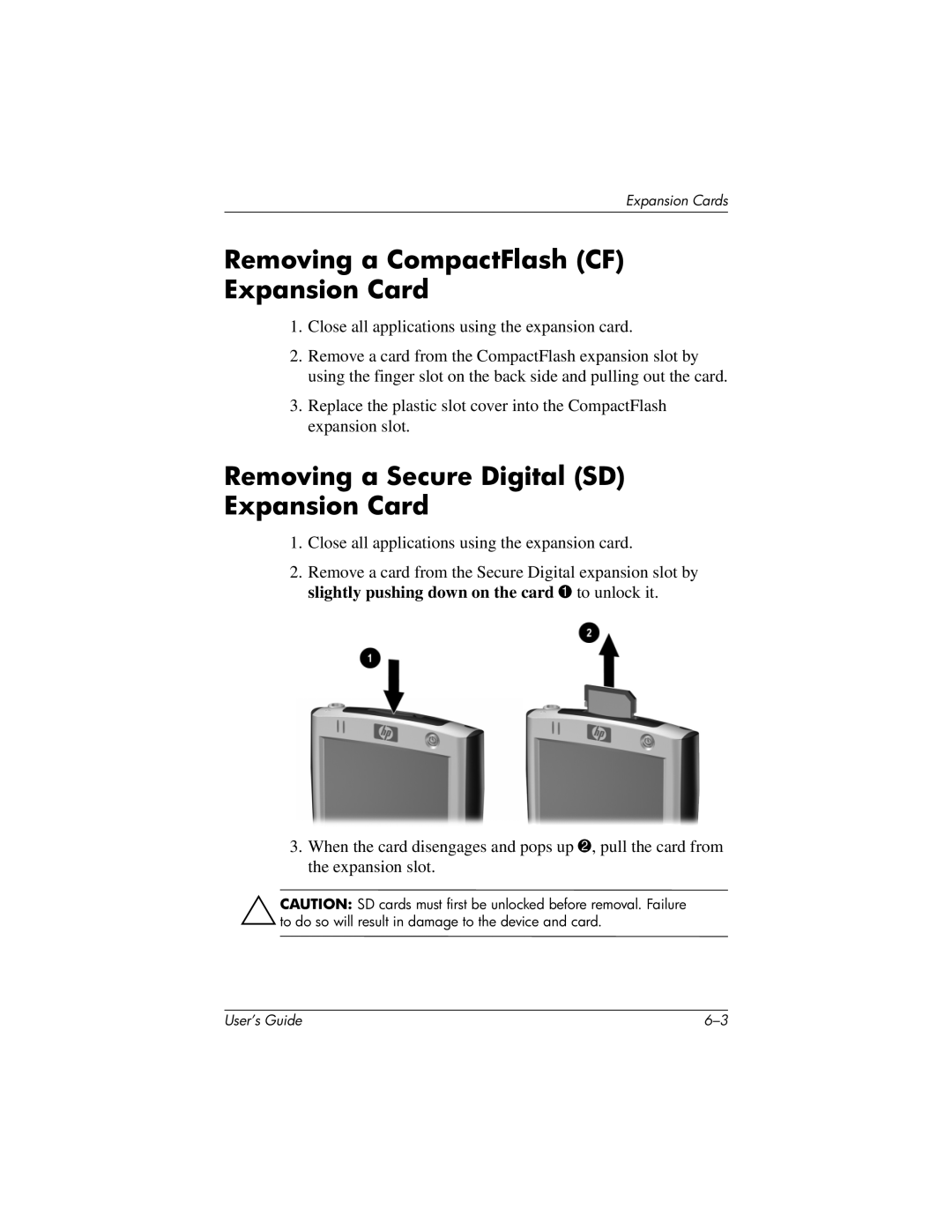 HP H2200 manual Removing a CompactFlash CF Expansion Card, Removing a Secure Digital SD Expansion Card 