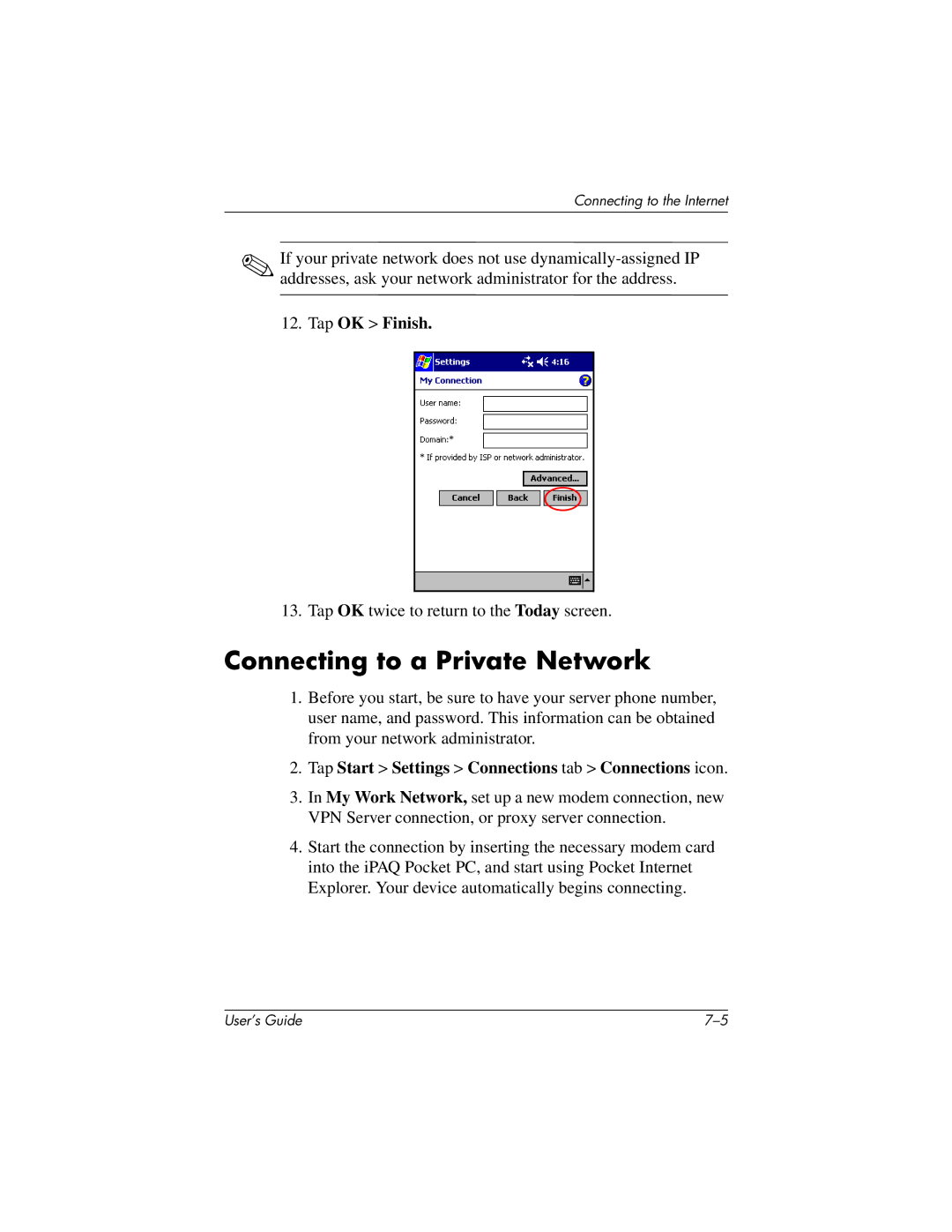 HP H2200 manual Connecting to a Private Network, Tap OK Finish, Tap Start Settings Connections tab Connections icon 