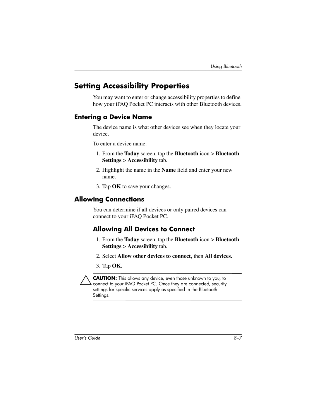 HP H2200 Setting Accessibility Properties, Entering a Device Name, Allowing Connections, Allowing All Devices to Connect 