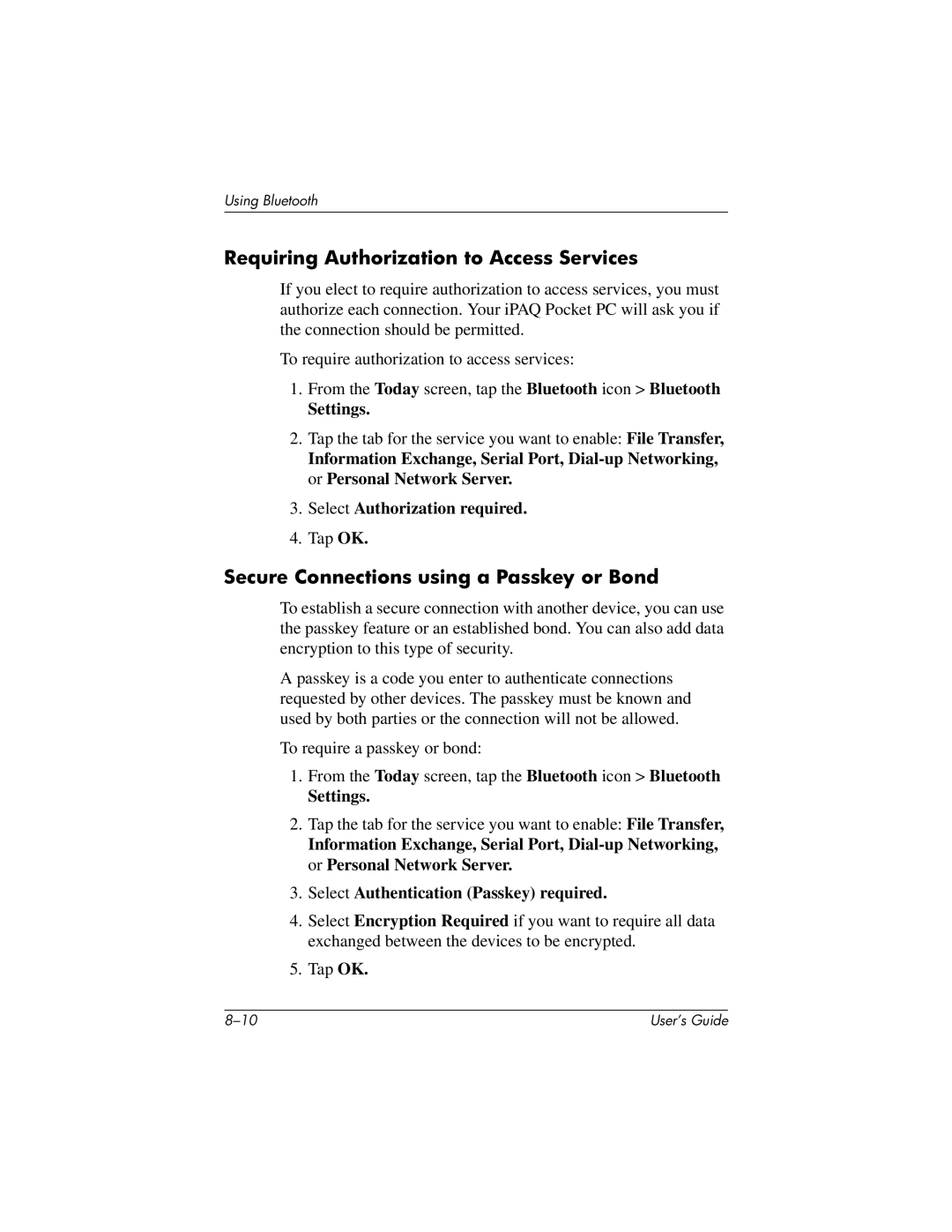 HP H2200 manual Requiring Authorization to Access Services, Secure Connections using a Passkey or Bond 