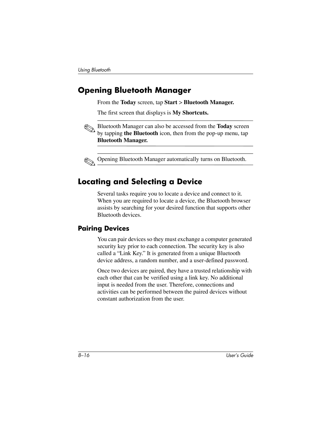 HP H2200 manual Opening Bluetooth Manager, Locating and Selecting a Device, Pairing Devices 