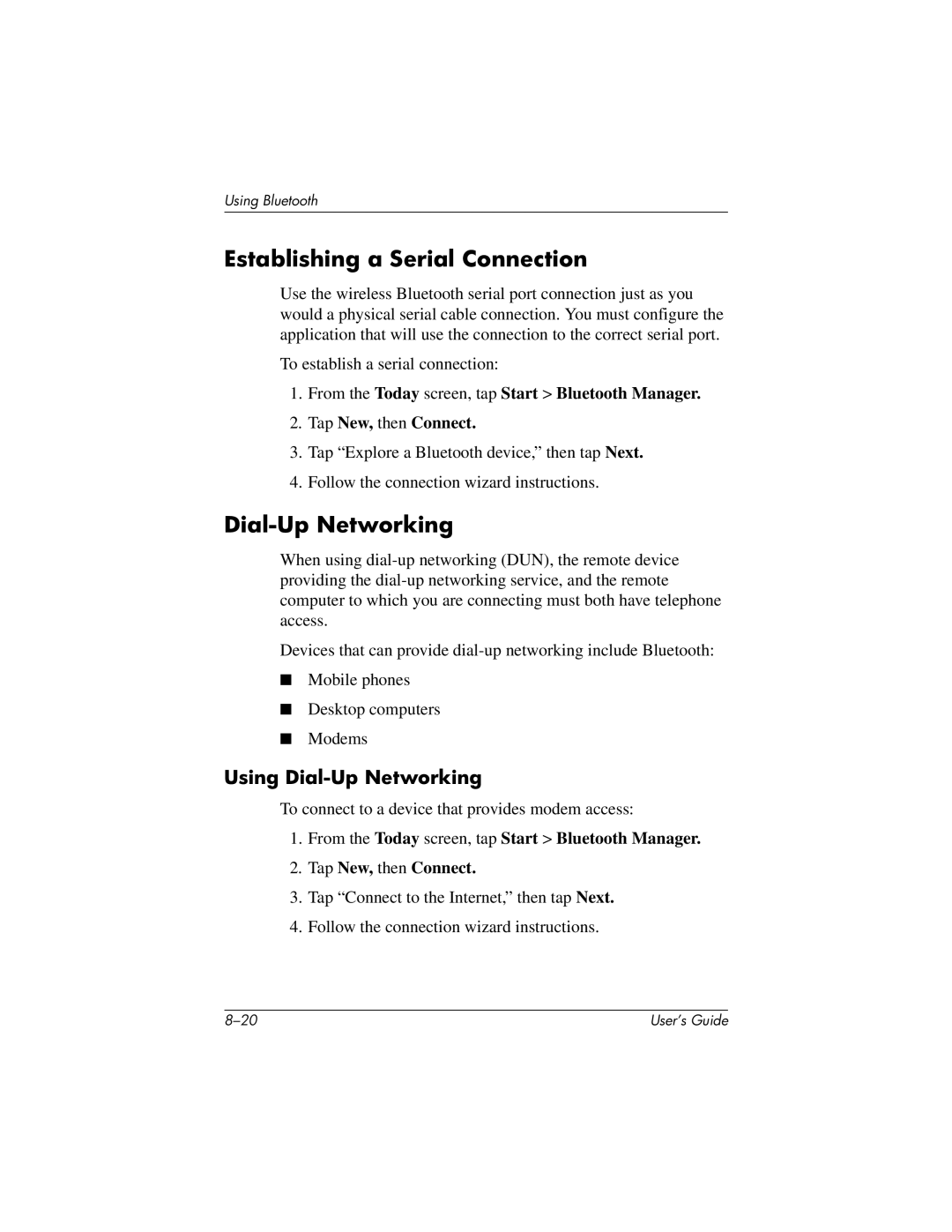 HP H2200 manual Establishing a Serial Connection, Using Dial-Up Networking 