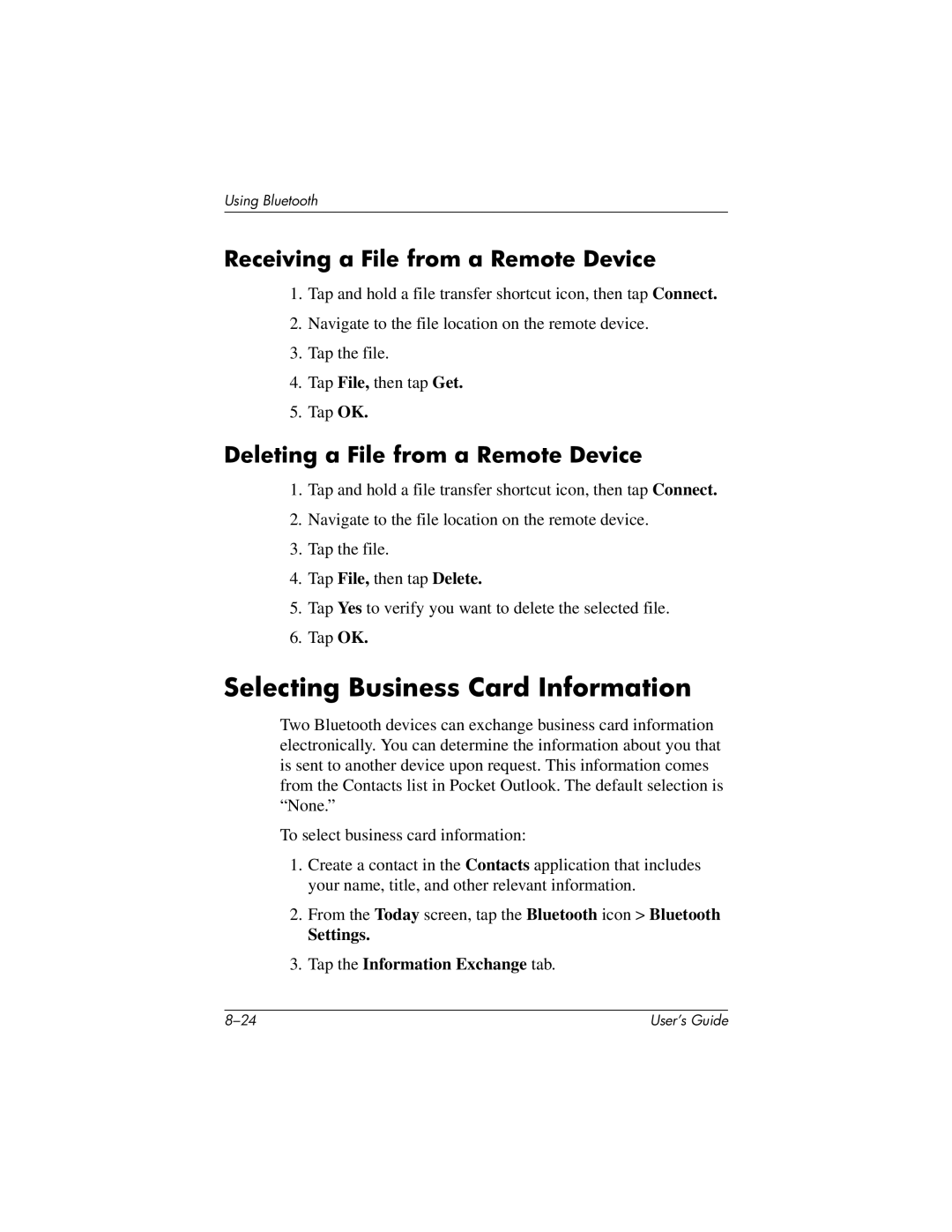 HP H2200 Selecting Business Card Information, Receiving a File from a Remote Device, Deleting a File from a Remote Device 