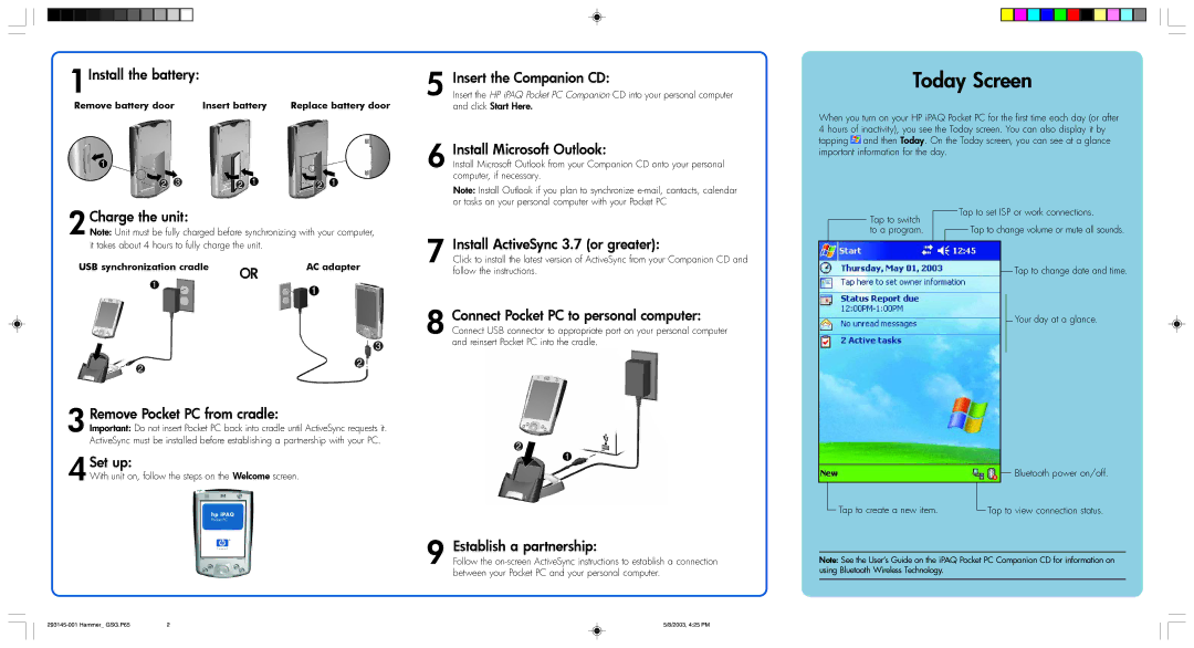 HP H2200 manual 1Install the battery, Charge the unit, Remove Pocket PC from cradle, 4Set up, Insert the Companion CD 