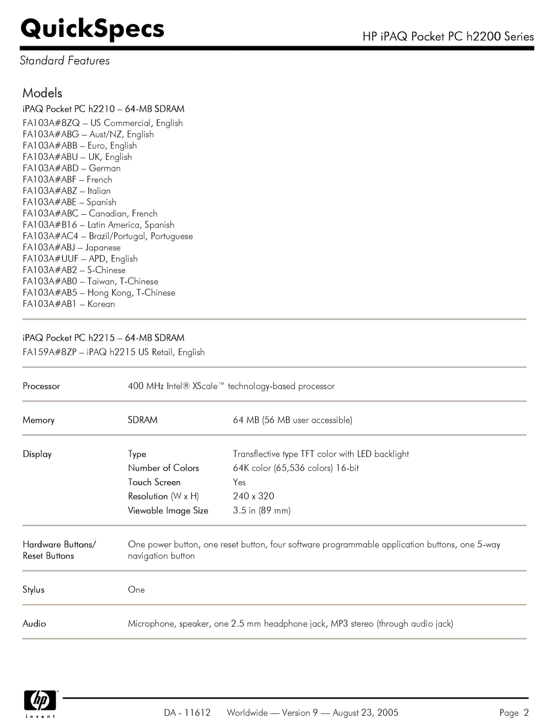 HP H2200 manual Standard Features 