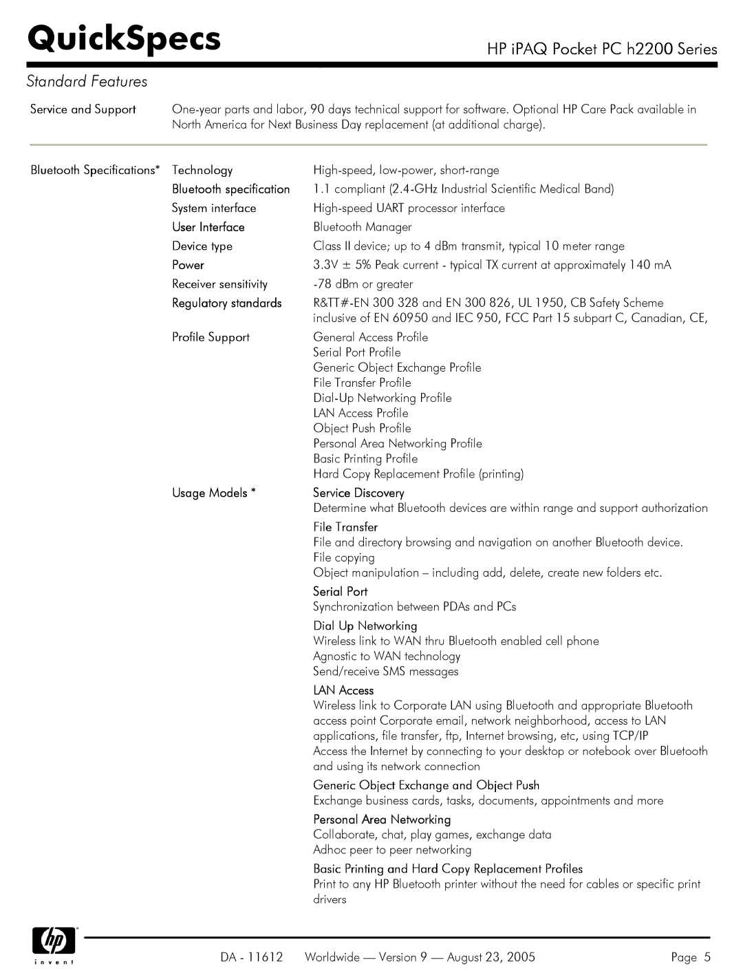 HP H2200 Bluetooth Specifications* Technology, Bluetooth specification, System interface, User Interface, Device type 