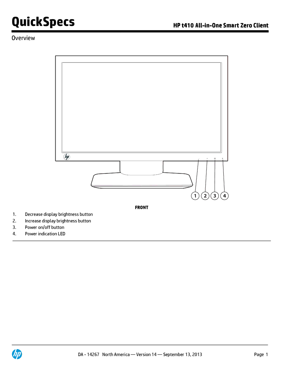 HP H2W23AT Zero Client H2W23AT#ABA, H2W22AT Zero Client H2W22AT#ABA manual Overview, Front 