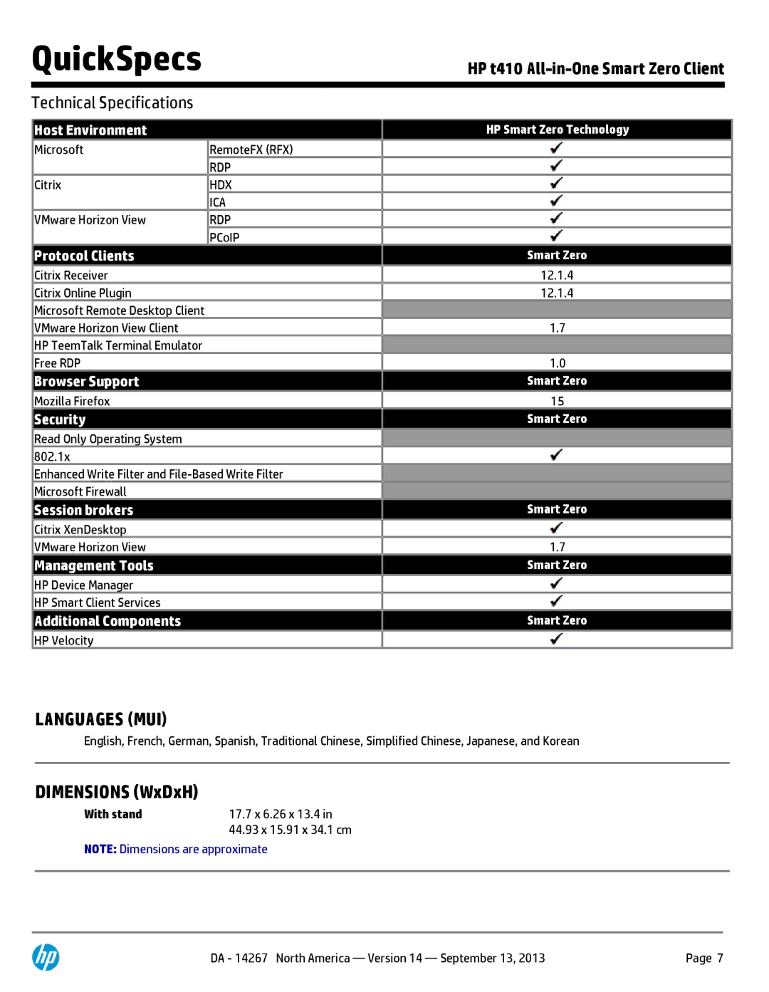 HP H2W23AT Zero Client H2W23AT#ABA, H2W22AT Zero Client H2W22AT#ABA manual Languages MUI, With stand 