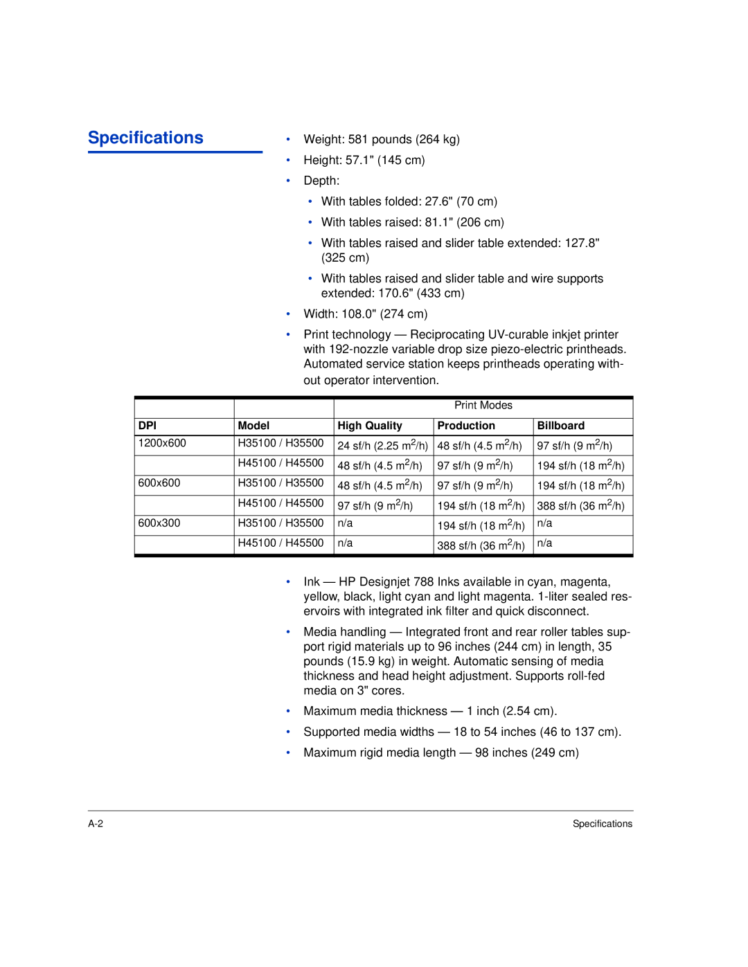 HP H35000, H45000 manual Specifications 