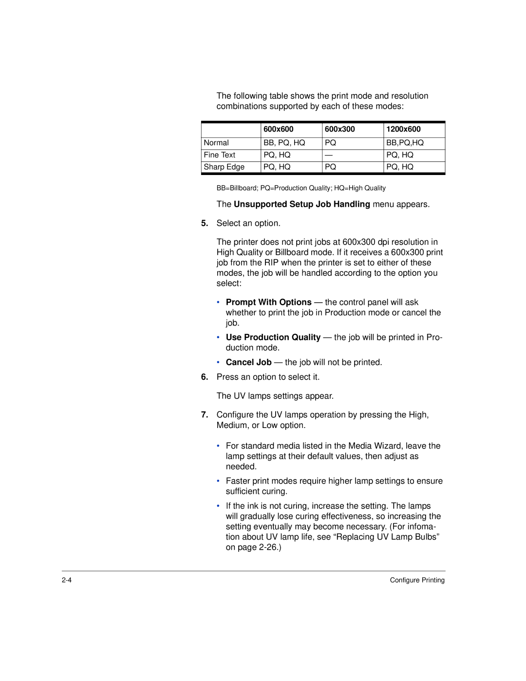 HP H35000, H45000 manual Unsupported Setup Job Handling menu appears, 600x600 600x300 1200x600 