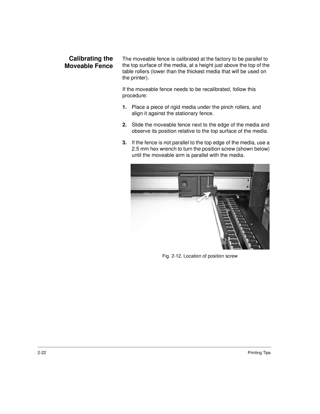 HP H35000, H45000 manual Calibrating the Moveable Fence, Location of position screw 