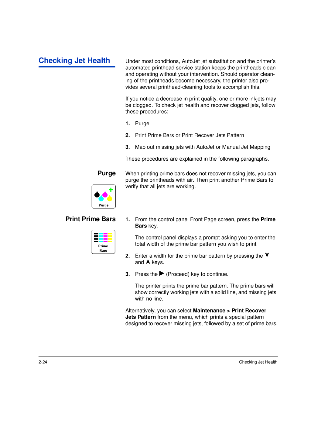 HP H35000, H45000 manual Checking Jet Health, Purge Print Prime Bars 