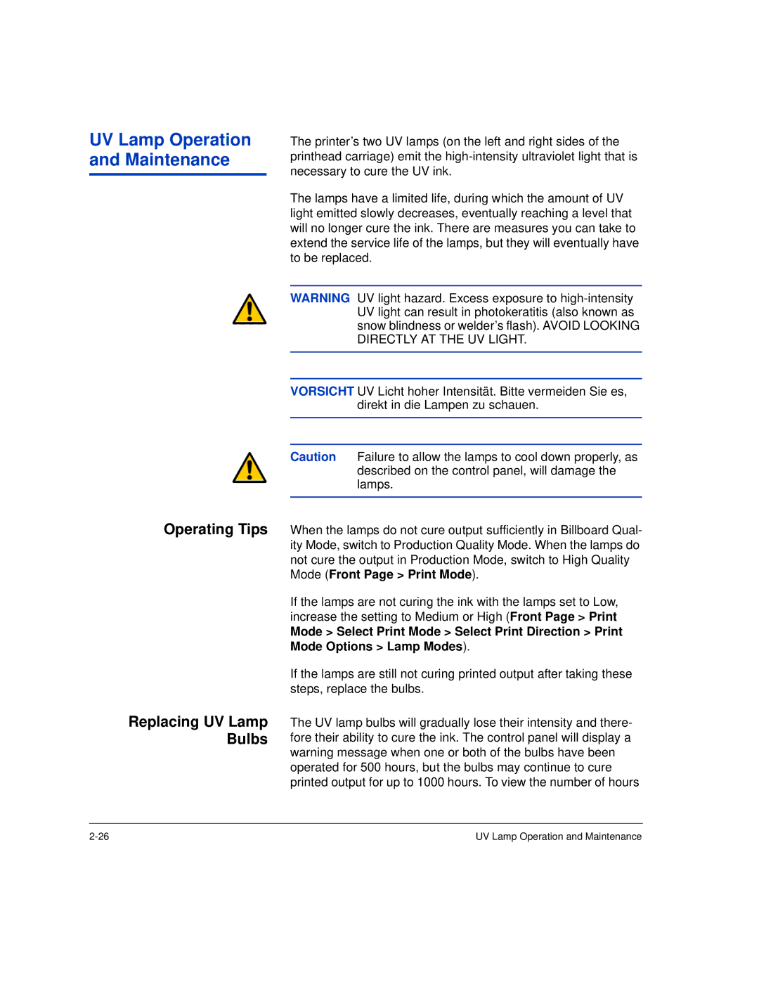 HP H35000, H45000 manual Operating Tips Replacing UV Lamp Bulbs, Mode Front Page Print Mode 