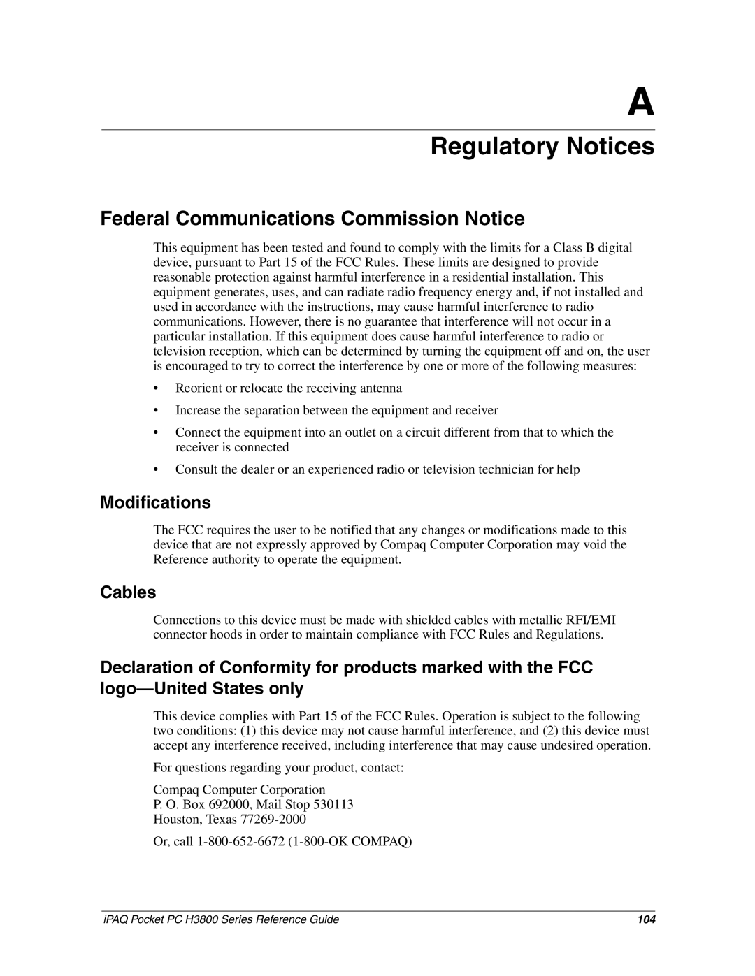 HP H3800 e manual Regulatory Notices, Federal Communications Commission Notice, Modifications, Cables 