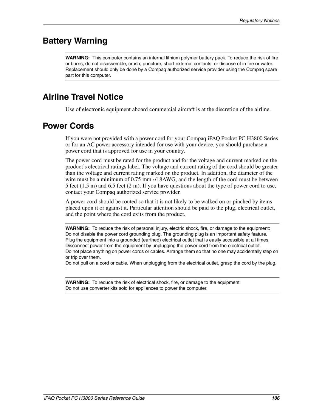 HP H3800 e manual Battery Warning Airline Travel Notice, Power Cords 