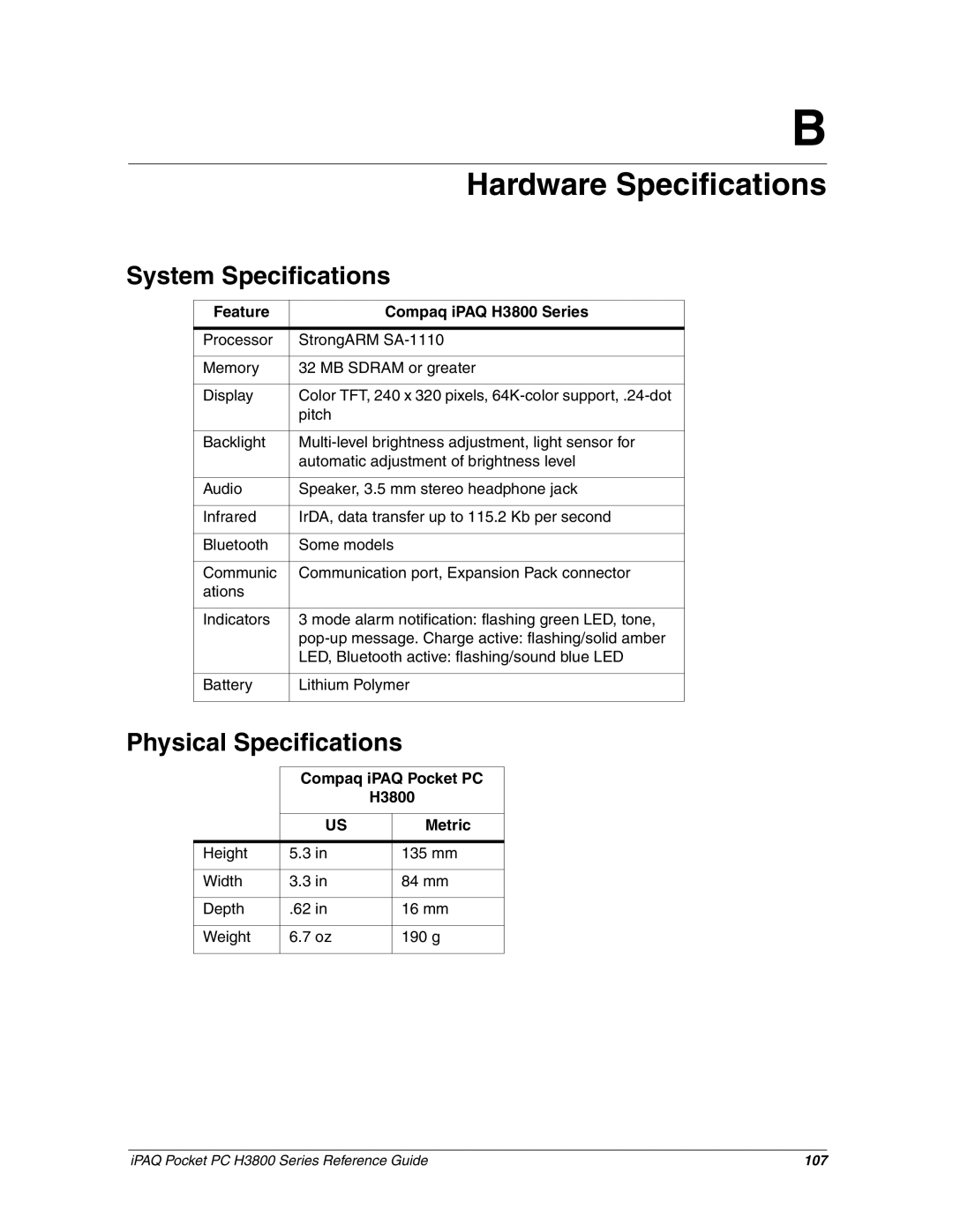 HP H3800 e manual Hardware Specifications, System Specifications, Physical Specifications 