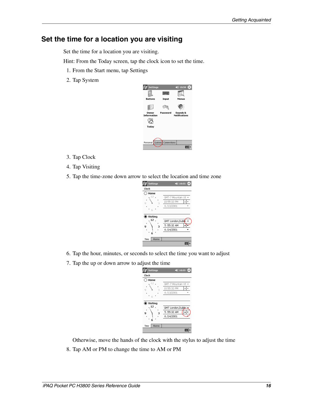 HP H3800 e manual Set the time for a location you are visiting 