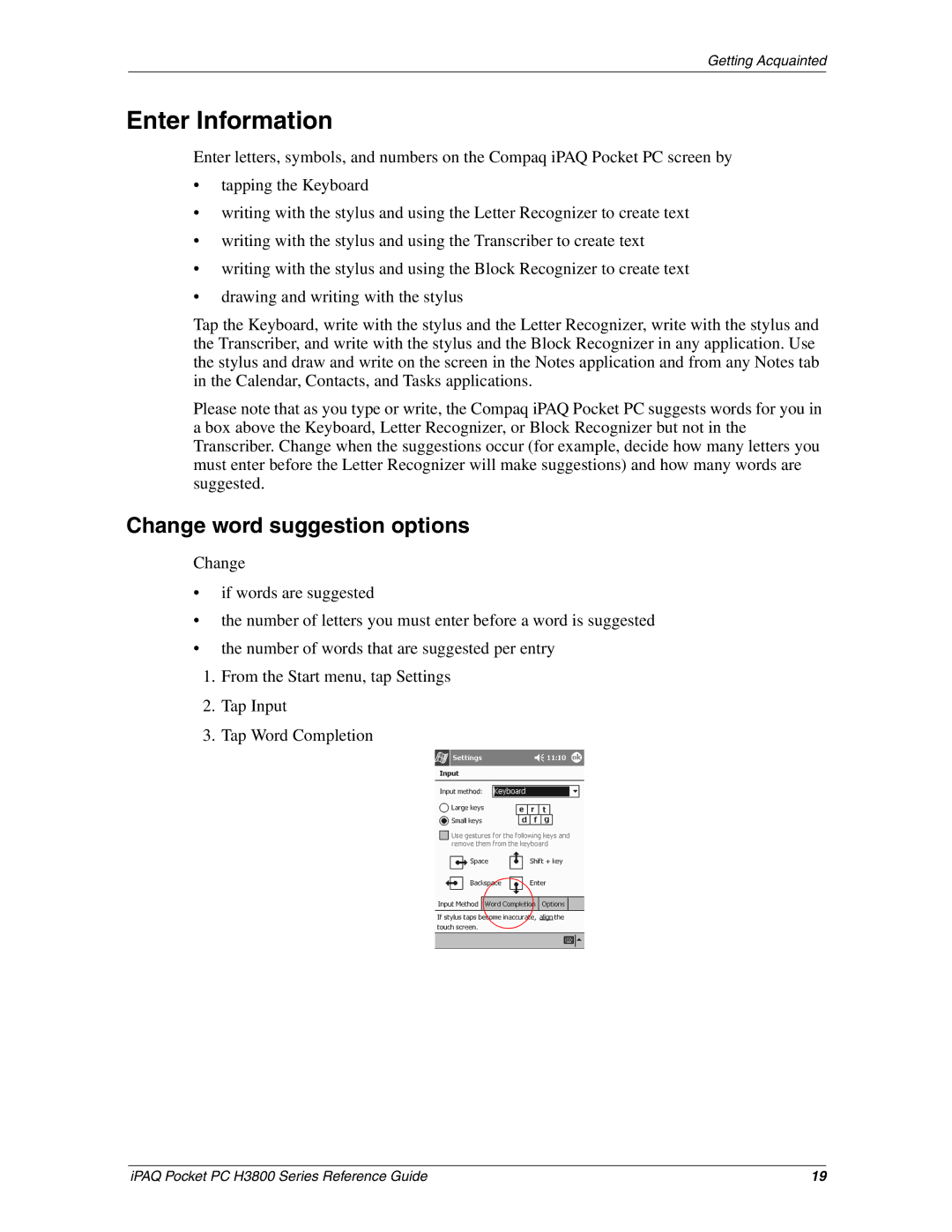 HP H3800 e manual Enter Information, Change word suggestion options 