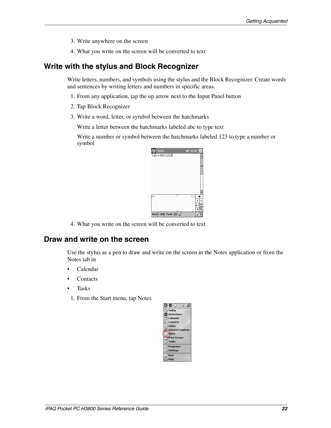 HP H3800 e manual Write with the stylus and Block Recognizer, Draw and write on the screen 