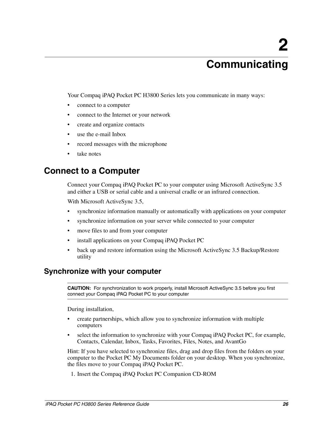 HP H3800 e manual Communicating, Connect to a Computer, Synchronize with your computer 