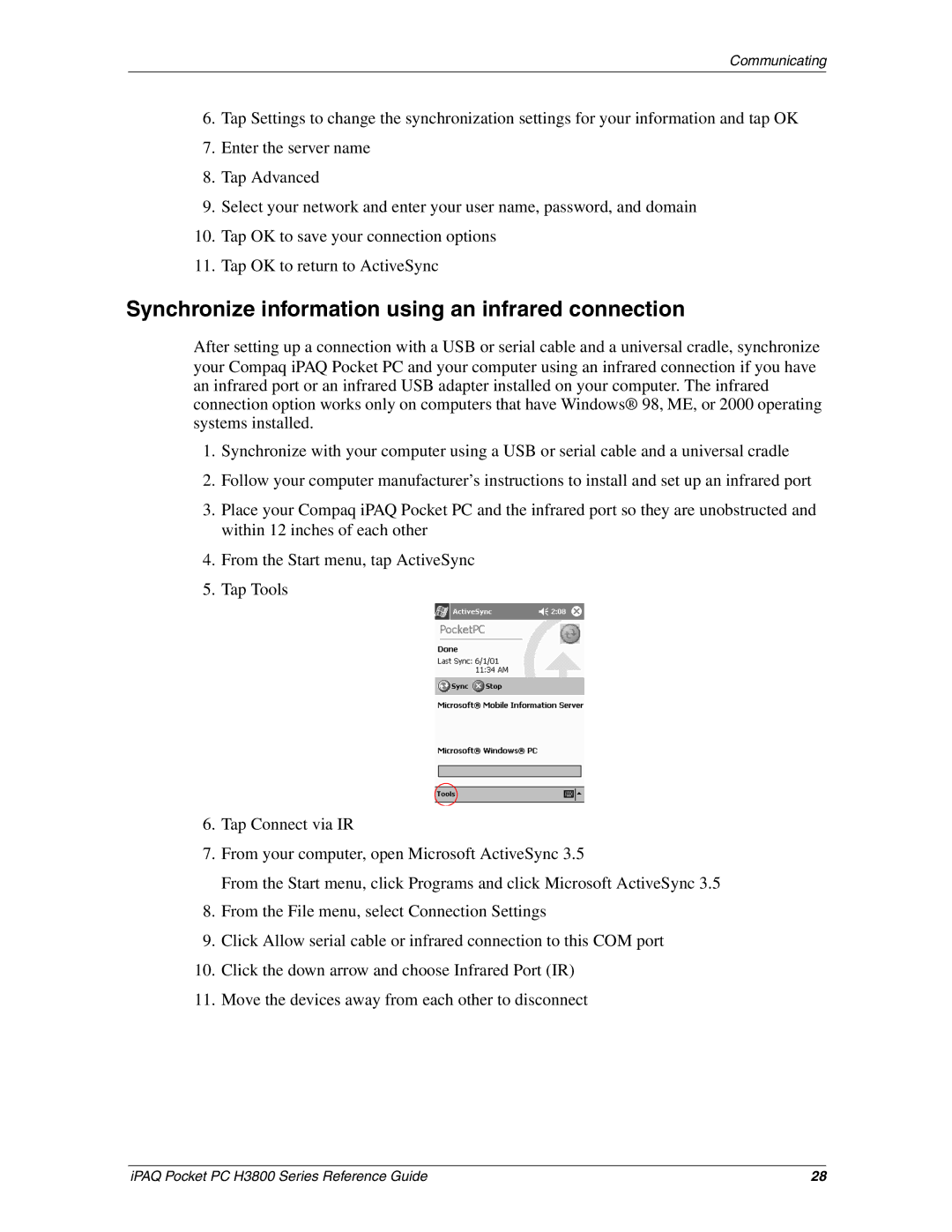 HP H3800 e manual Synchronize information using an infrared connection 