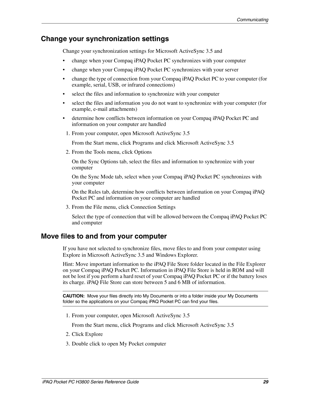 HP H3800 e manual Change your synchronization settings, Move files to and from your computer 