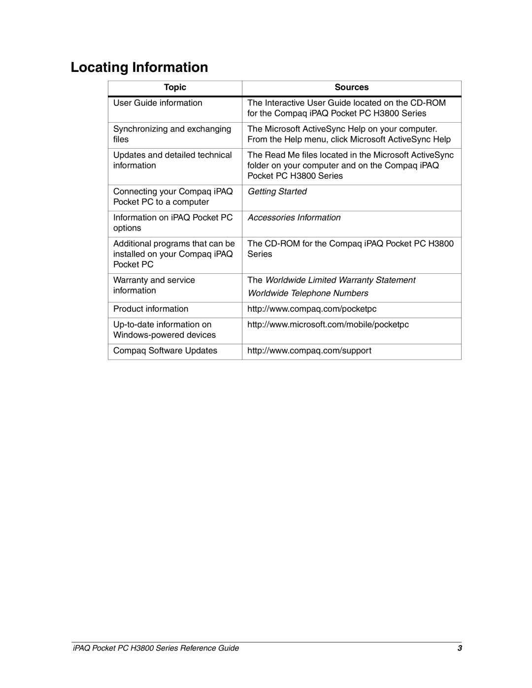 HP H3800 e manual Locating Information, Topic Sources 