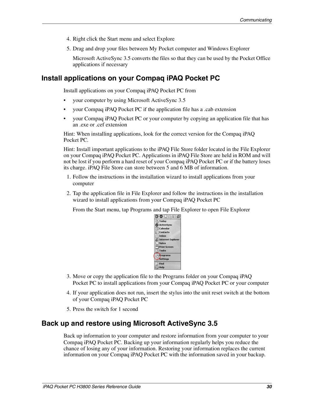 HP H3800 e manual Install applications on your Compaq iPAQ Pocket PC, Back up and restore using Microsoft ActiveSync 