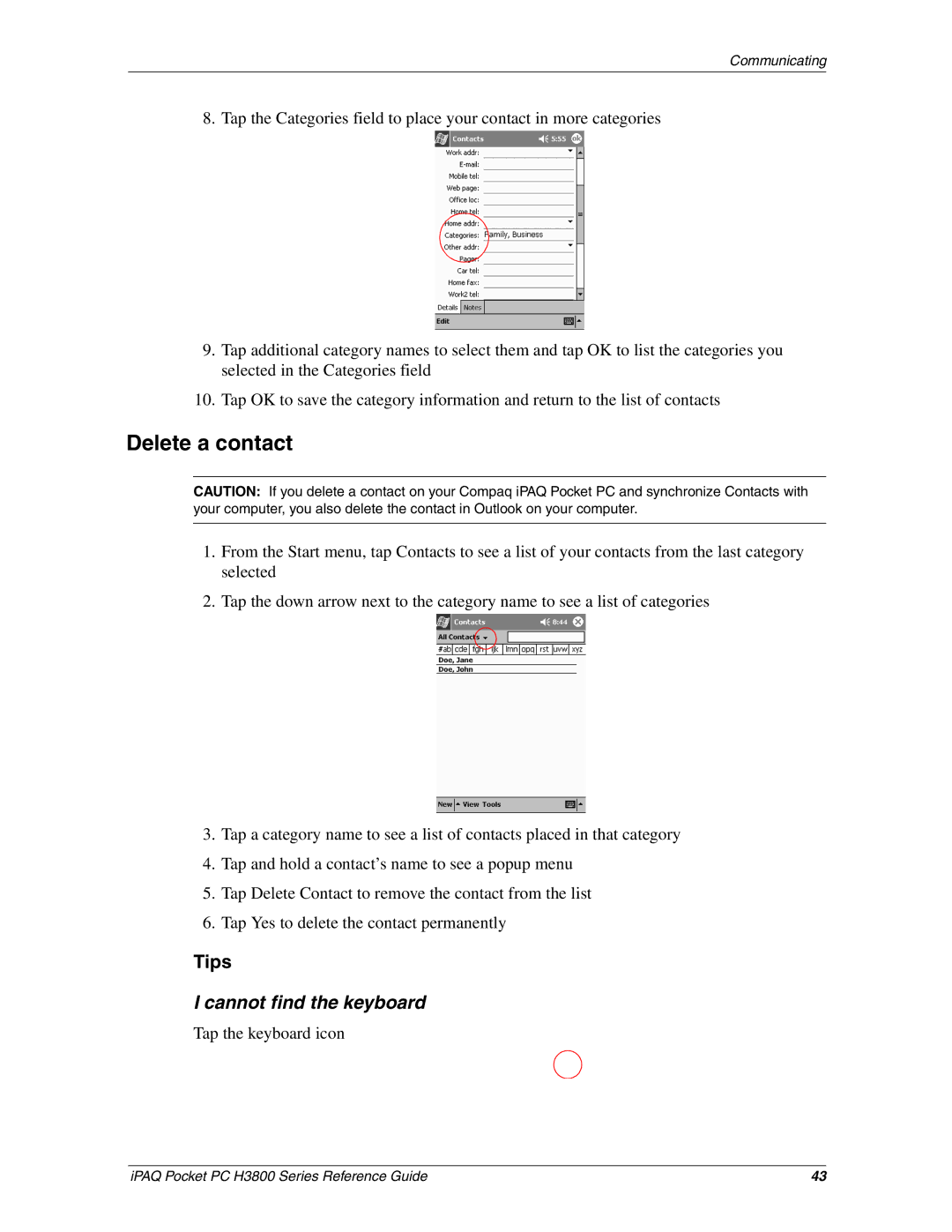 HP H3800 e manual Delete a contact, Cannot find the keyboard 