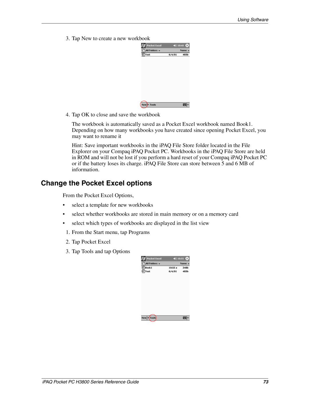 HP H3800 e manual Change the Pocket Excel options 