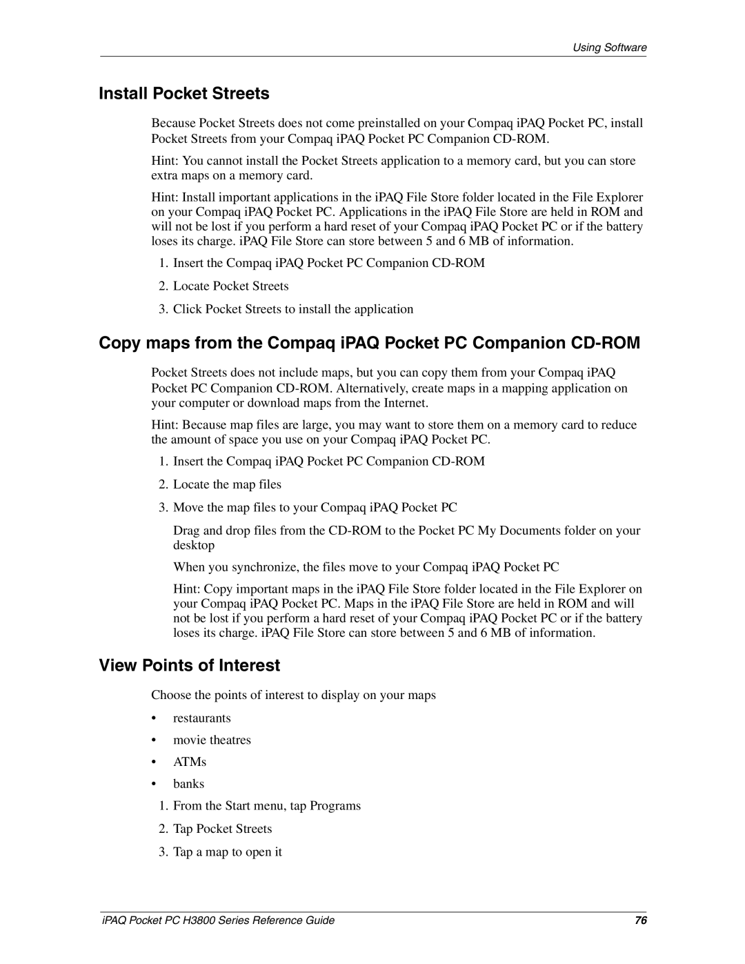 HP H3800 e Install Pocket Streets, Copy maps from the Compaq iPAQ Pocket PC Companion CD-ROM, View Points of Interest 