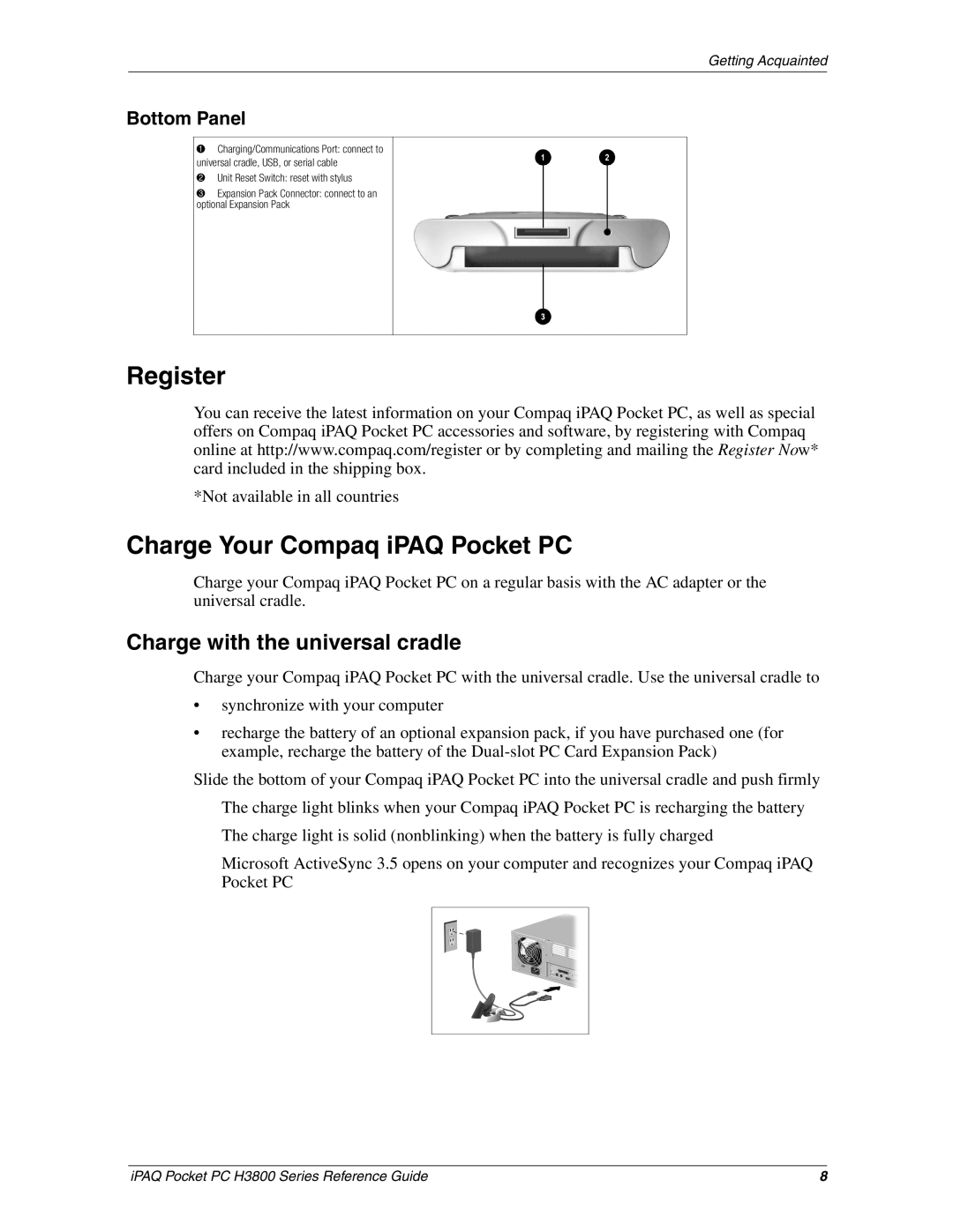 HP H3800 e manual Register, Charge Your Compaq iPAQ Pocket PC, Charge with the universal cradle 