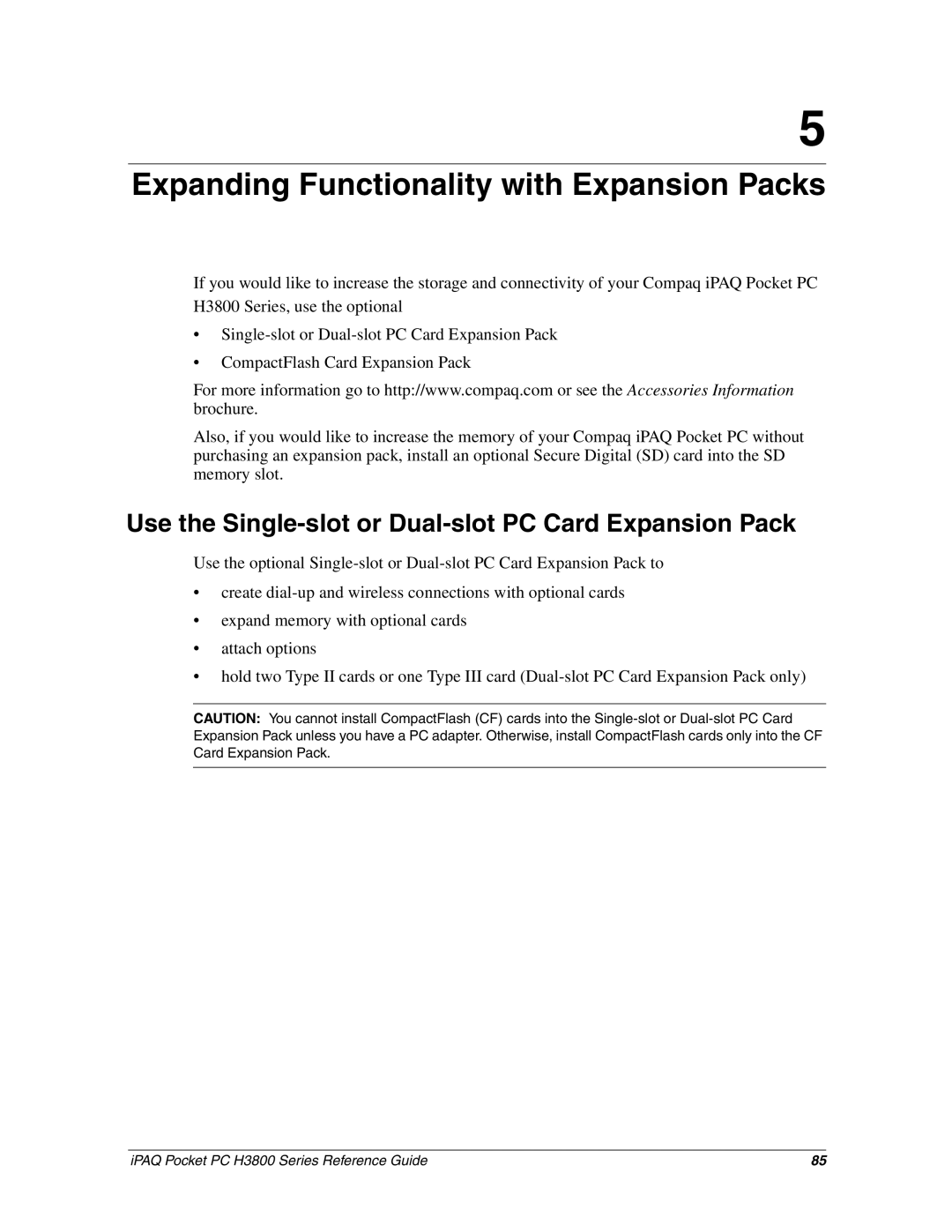 HP H3800 e manual Expanding Functionality with Expansion Packs, Use the Single-slot or Dual-slot PC Card Expansion Pack 