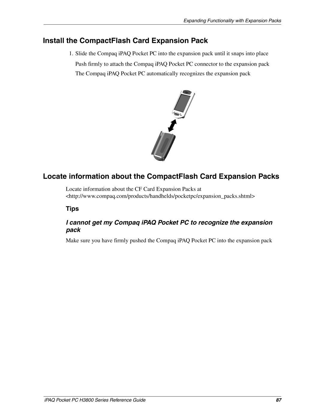 HP H3800 e manual Install the CompactFlash Card Expansion Pack 