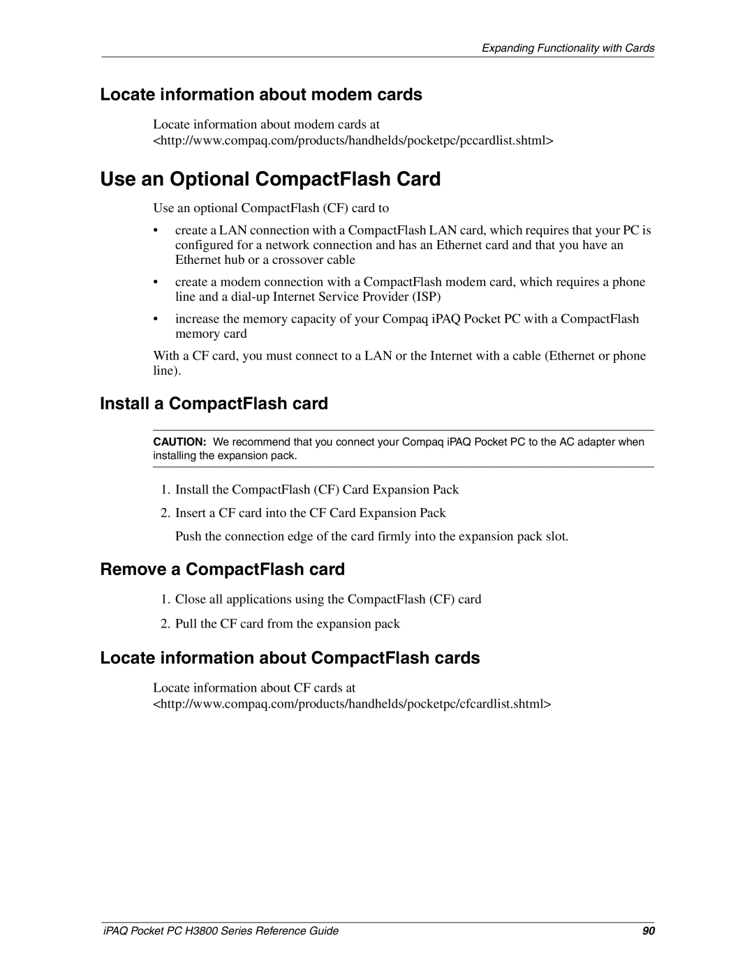 HP H3800 e manual Use an Optional CompactFlash Card, Locate information about modem cards, Install a CompactFlash card 