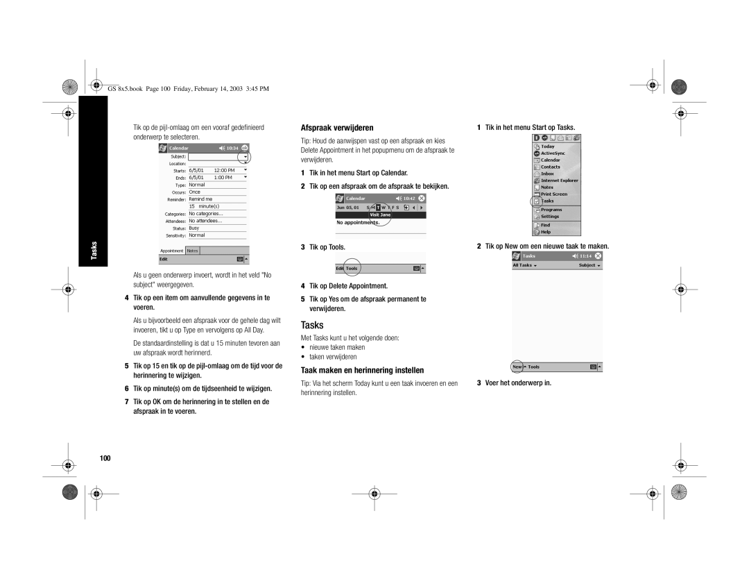 HP H3900 manual Tasks, Afspraak verwijderen, Taak maken en herinnering instellen, 100 