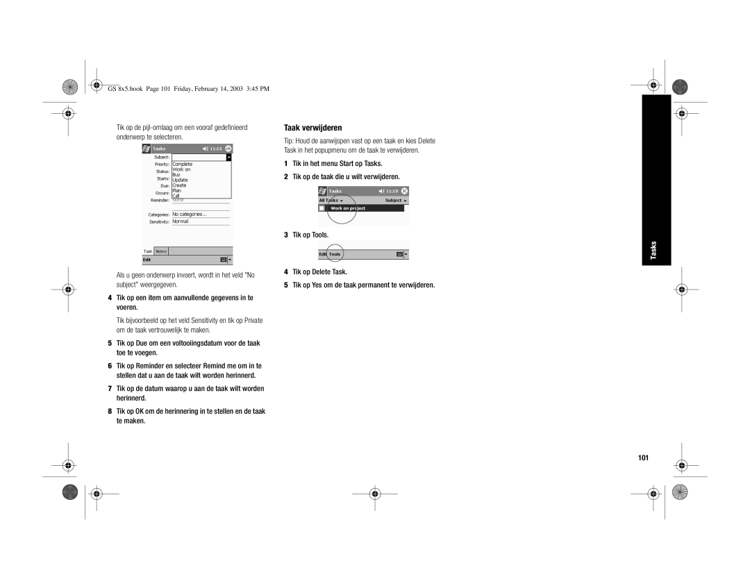 HP H3900 manual Taak verwijderen, Tik op Delete Task, Tik op Yes om de taak permanent te verwijderen, 101 