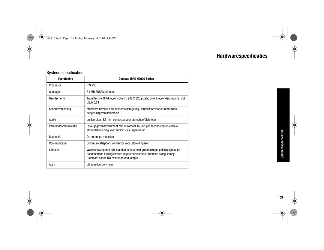 HP manual Hardwarespecificaties, Systeemspecificaties, Voorziening Compaq iPAQ H3900 Series, 105 