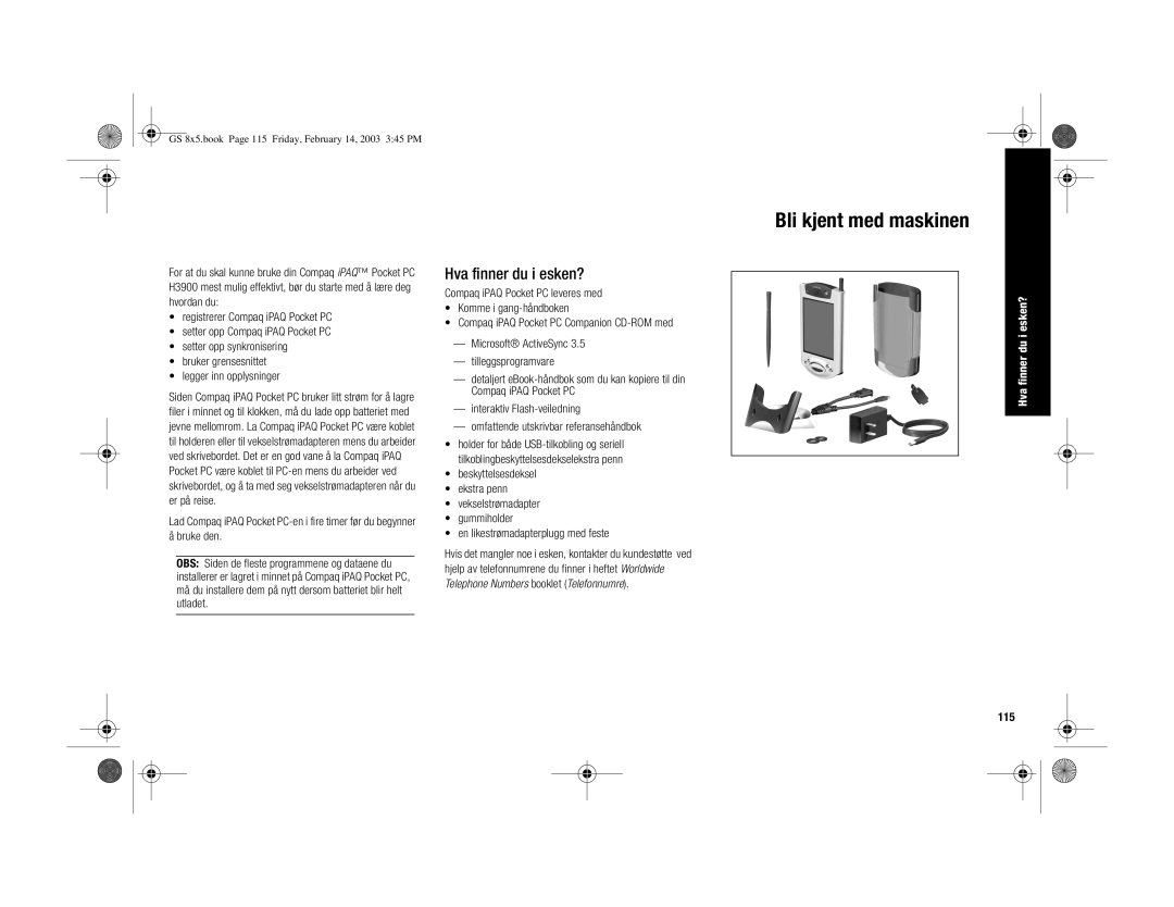 HP H3900 manual Bli kjent med maskinen, Hva finner du i esken?, 115 