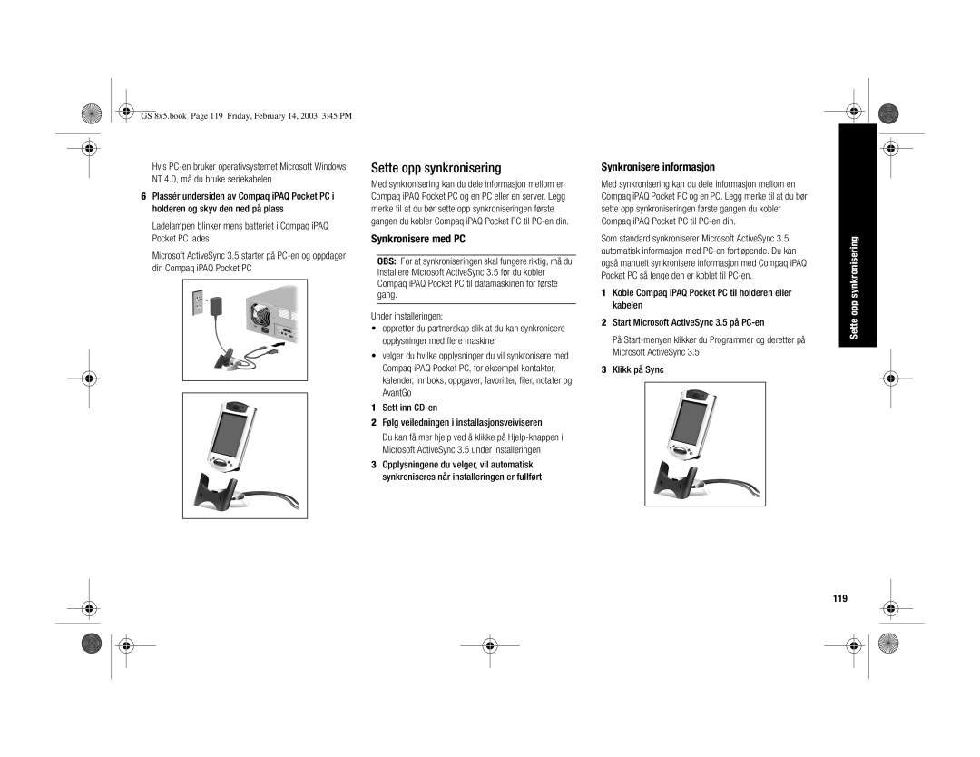 HP H3900 manual Sette opp synkronisering, Synkronisere med PC, Synkronisere informasjon, 119 