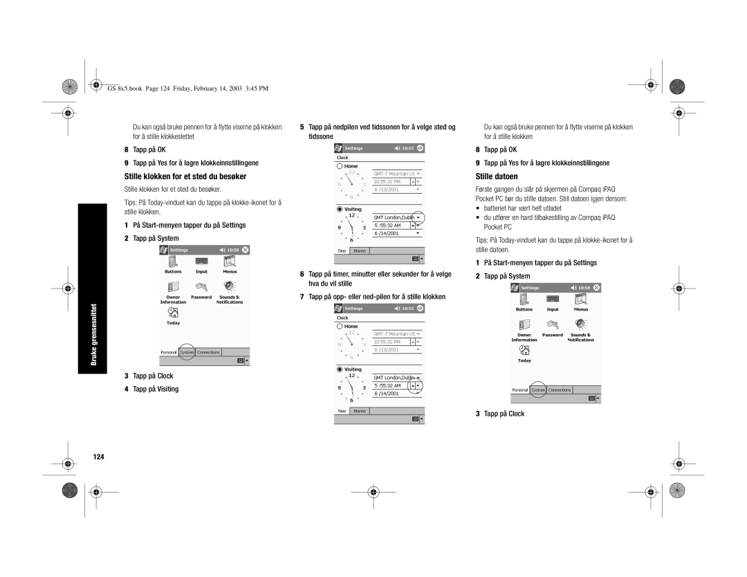 HP H3900 manual Stille klokken for et sted du besøker, Stille datoen, 124 